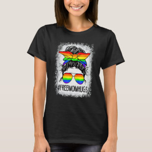 Women Bleached Free Mum Hugs Messy Bun Lgbt Pride T-Shirt
