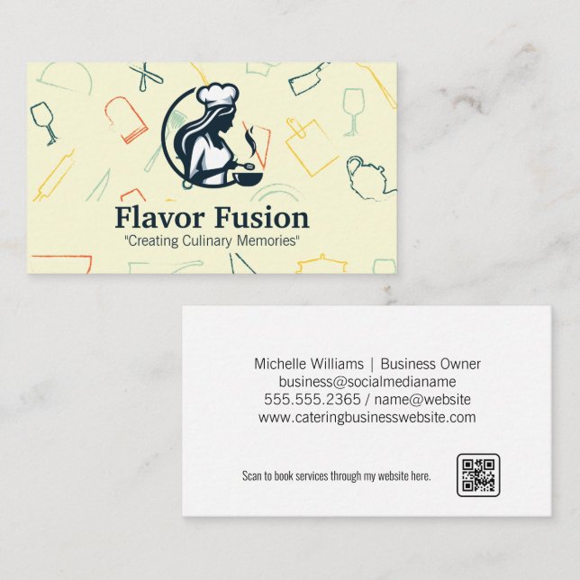 Women Chef Cooking | Kitchen Utensils Pattern Business Card (Front/Back)