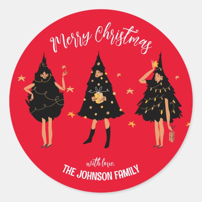 Women Dressed in Black Christmas Tree, Red Classic Round Sticker (Front)