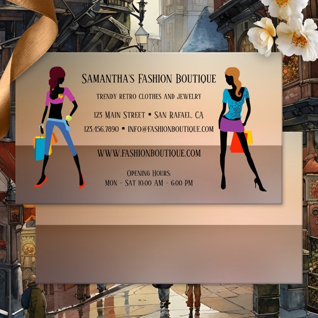 Women Fashion Retail Store Business Card (Fashion business card featuring images of two women with shopping bags on a faded background)