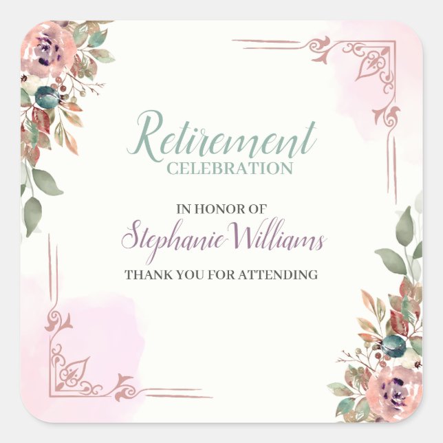 Women Floral Classic Elegant Retirement Party Square Sticker (Front)