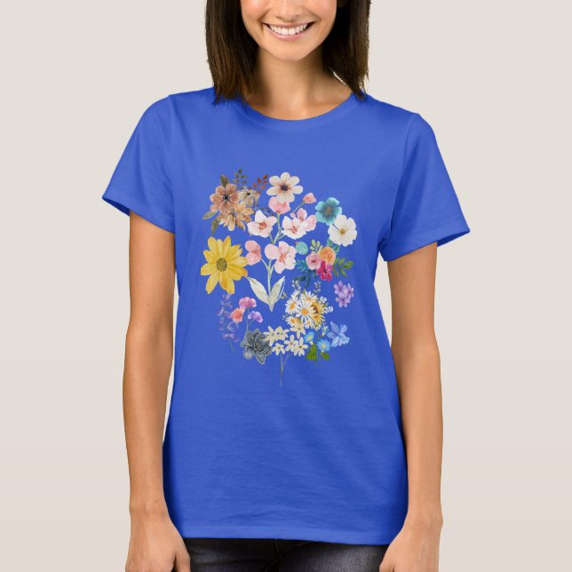 Women floral t shirt blue shirt with flower print (Front)