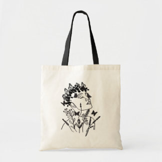 Women Flower Leave Dark Butterfly Face Portrait Tote Bag
