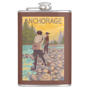 Women Fly Fishing - Anchorage, Alaska Hip Flask