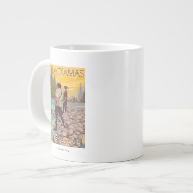 Women Fly Fishing - Clackamas, Oregon Large Coffee Mug (Front Left)