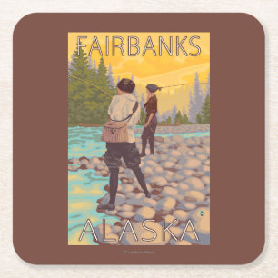 Women Fly Fishing - Fairbanks, Alaska Square Paper Coaster
