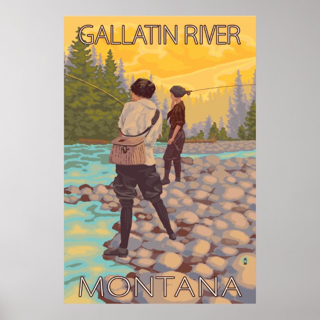 Women Fly Fishing - Gallatin River, Montana Poster (Front)