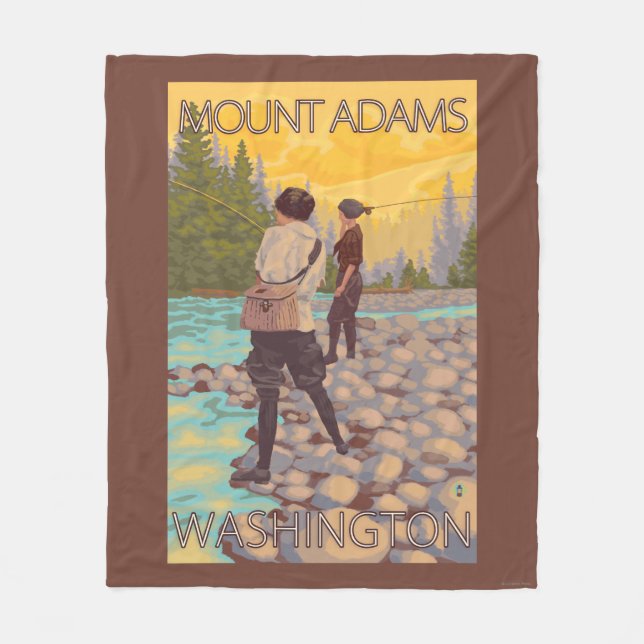 Women Fly Fishing - Mount Adams, Washington Fleece Blanket (Front)