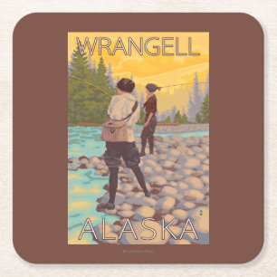 Women Fly Fishing - Wrangell, Alaska Square Paper Coaster