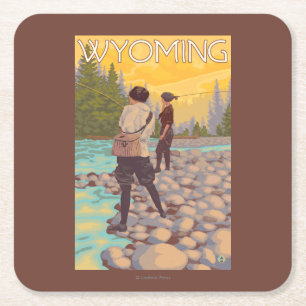 Women Fly Fishing - Wyoming Square Paper Coaster