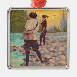 Women Fly Fishing - Yellowstone National Park Metal Tree Decoration
