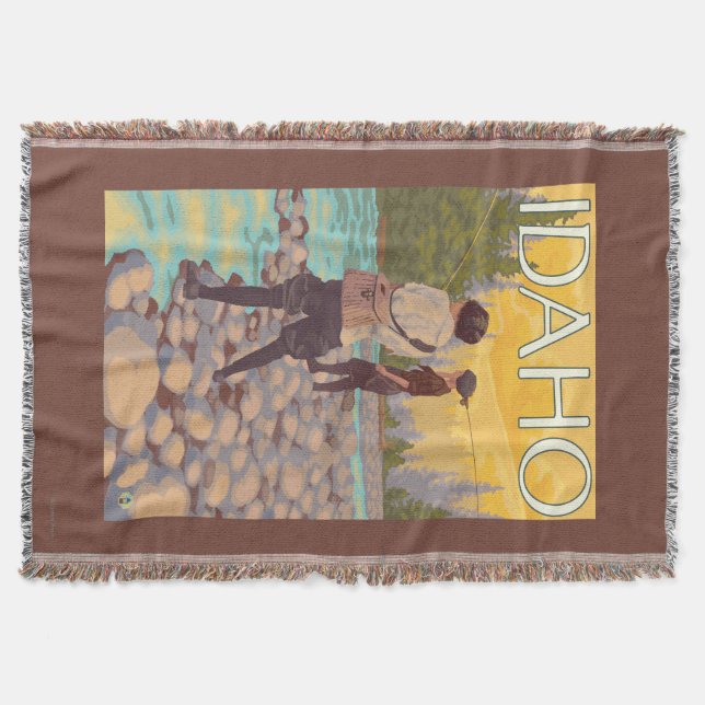 Women Fly FishingIdahoVintage Travel Poster Throw Blanket (Front)