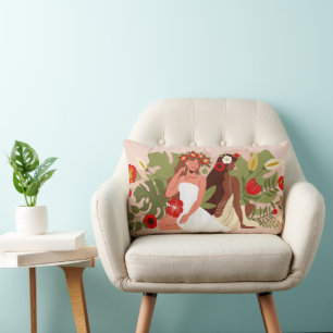 Women Friends Sisters, Red Flowers & Tropical Leaf Lumbar Cushion