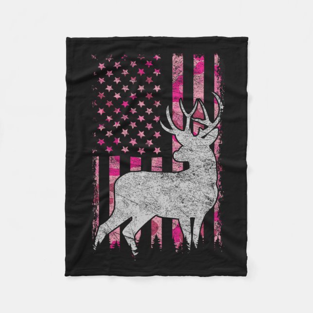 Women Girls Patriotic Pink Camo Usa Flag Deer Hunt Fleece Blanket (Front)