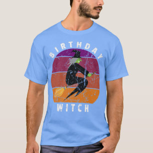 Women Girls Vintage Birthday Witch Riding Broom T-Shirt