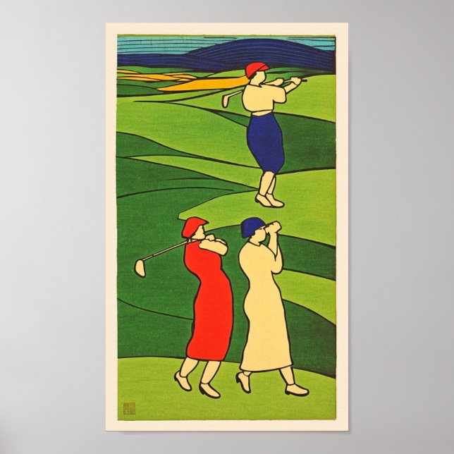 Women Golfers Woodblock Print (Front)