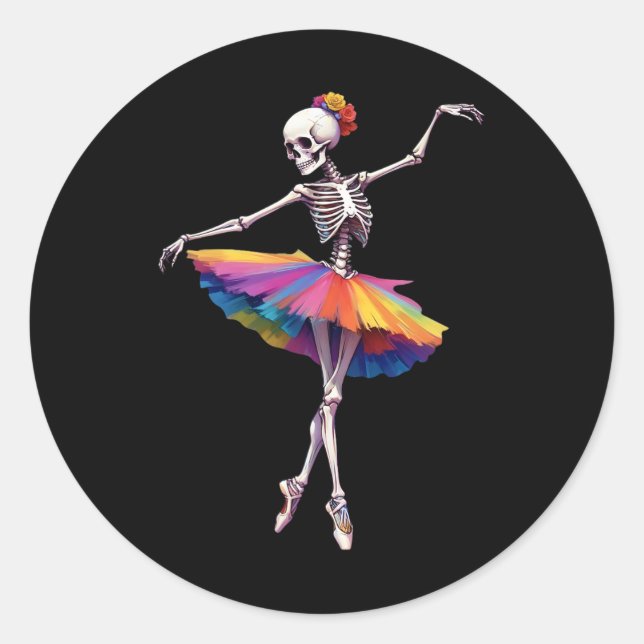 Women Halloween Dancing Skeleton Rainbow Ballerina Classic Round Sticker (Front)