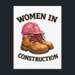 Women in Construction Work Boots and Hard Hat Postcard<br><div class="desc">Illustration of rugged work boots with pink laces and a safety helmet celebrating women in construction. A bold visual for skilled trades,  construction sites and strong professionals building the future.</div>