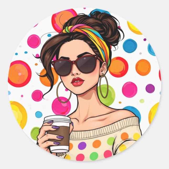 Women in LGBTQ Rainbow Bandanna with Coffee Classic Round Sticker (Front)