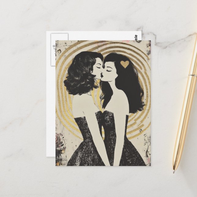 Women in Love Kissing in Black Dresses Gold Heart Postcard (Front/Back In Situ)