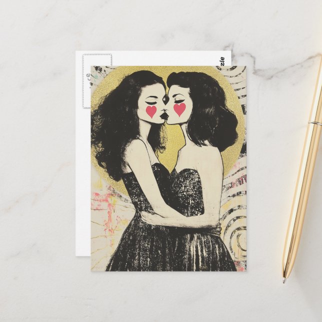 Women in Love Kissing in Matching Black Dresses Postcard (Front/Back In Situ)