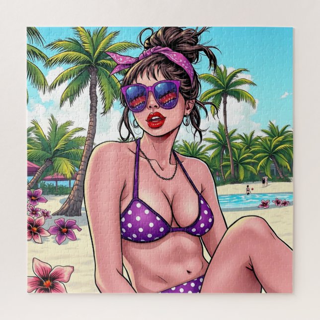 Women in Purple Bikini and Bandanna at Beach  Jigsaw Puzzle (Vertical)
