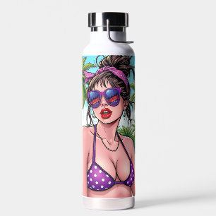 Women in Purple Bikini and Bandanna at Beach  Water Bottle