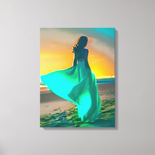 Women in Turquoise Blue on a Night Beach  Canvas Print