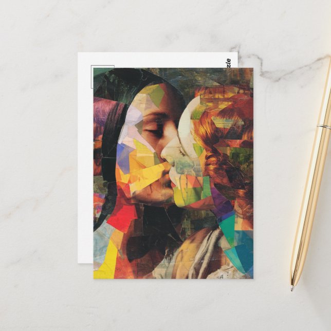 Women Kissing Colourful Mixed Media Collage Postcard (Front/Back In Situ)