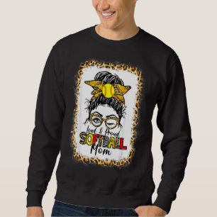 Women Loud & Proud Softball Mum Messy Bun Leopard Sweatshirt