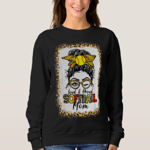 Women Loud & Proud Softball Mum Messy Bun Leopard  Sweatshirt