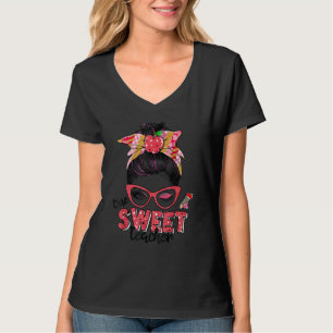 Women Messy Bun Hair One Loved Teacher Valentine's T-Shirt