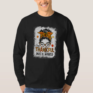Women One Thankful Postal Worker Messy Bun Fall Th T-Shirt