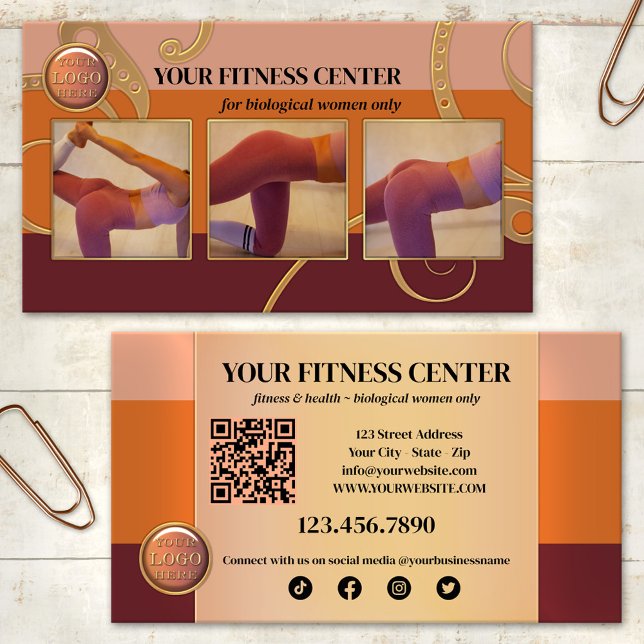 Women Only Female Fitness Centre Business Card (Business card in warm earth tones with your photos, QR code, logo and social media icons)