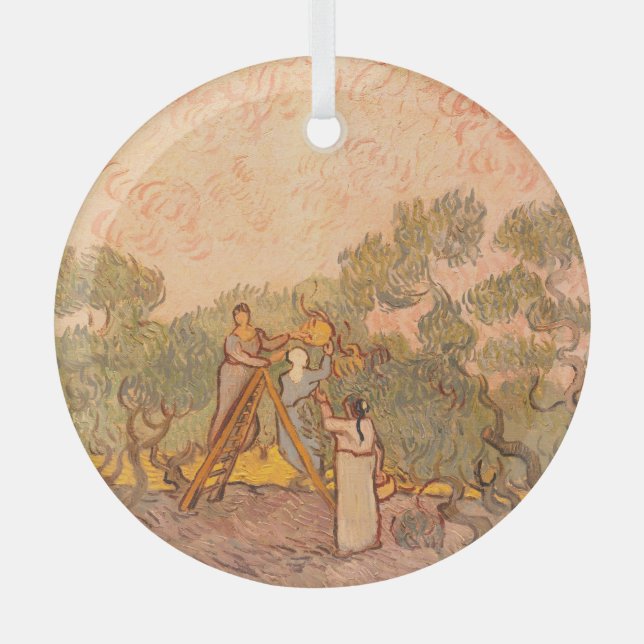 Women Picking Olives by van Gogh: Glass Tree Decoration (Front)