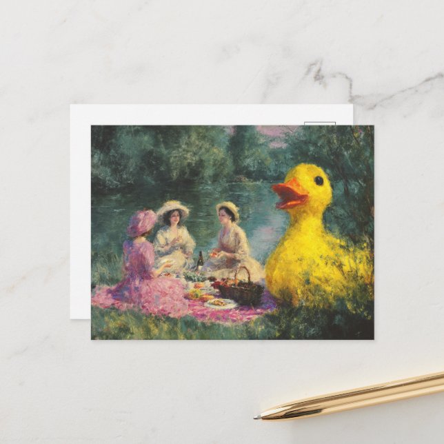 Women Picnic Giant Duck Faux Historical Painting Postcard (Front/Back In Situ)