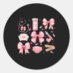 Women Pink Retro Nurse Coquette Pink Bow Girlie Nu Classic Round Sticker
