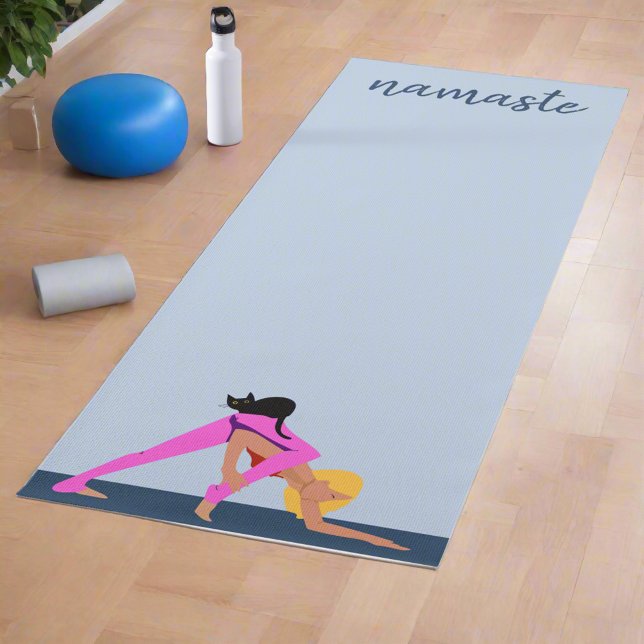 Women Poses With Cat l Blue Namaste Yogi Exercises Yoga Mat (Creator Uploaded)