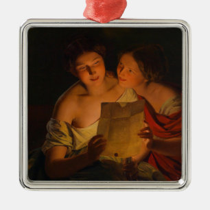 Women Reading a Love Letter (by Waldmüller) Metal Tree Decoration