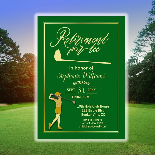 Women Retirement Golf Party Classic Green Golden  Invitation (Creator Uploaded)