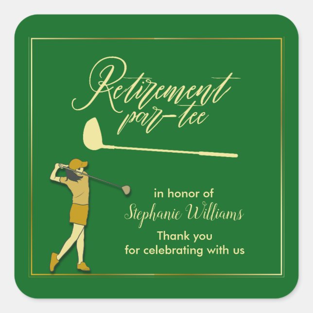 Women Retirement Golf Party Classic Green Golden  Square Sticker (Front)