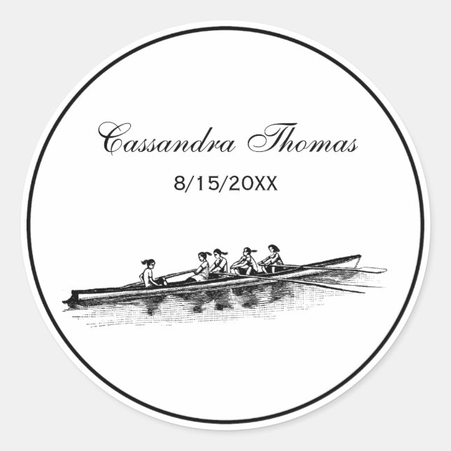 Women Rowing Rowers Crew Team Water Sports Black Classic Round Sticker (Front)