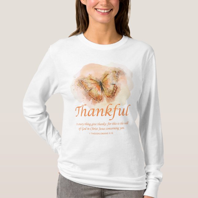 Women’s Christian Butterfly Bible Verse: Thankful  T-Shirt (Front)