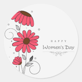 Women’s day and drawn of pink flowes  with circles classic round sticker