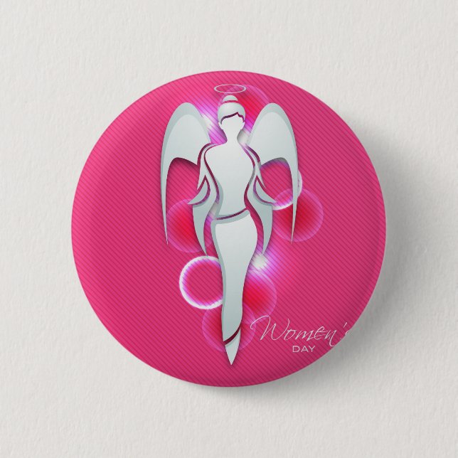 Women’s day,white woman angel on pink 6 cm round badge (Front)