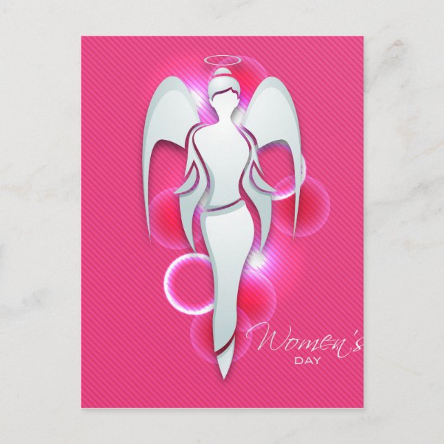 Women’s day,white woman angel on pink postcard (Front)