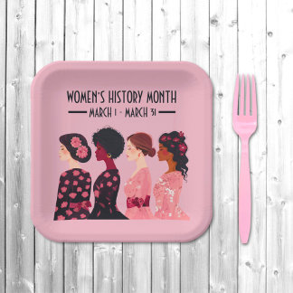 Women’s History Month Global Women Pink Floral Paper Plate