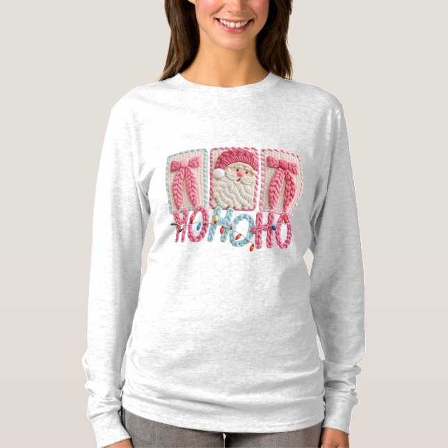Women’s Ho Ho Ho Santa – Faux Embroidery Christmas T-Shirt (Front)