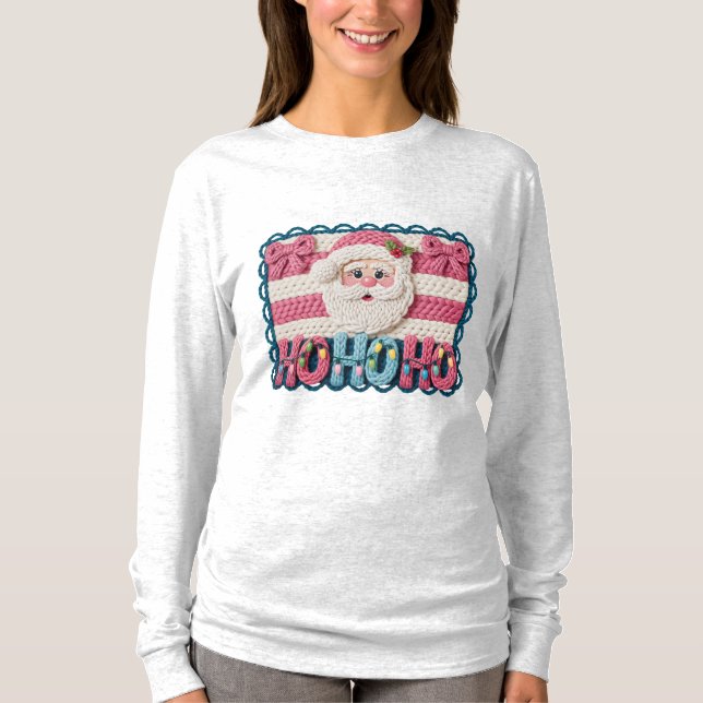 Women’s Ho Ho Ho Santa – Faux Embroidery T-Shirt (Front)