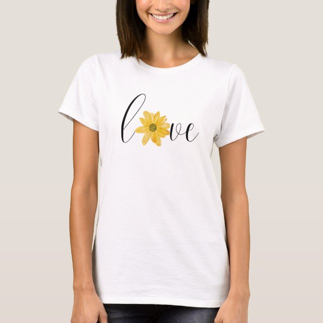 Women’s Love Yellow Flower Groovy Handwriting  T-Shirt (Front)